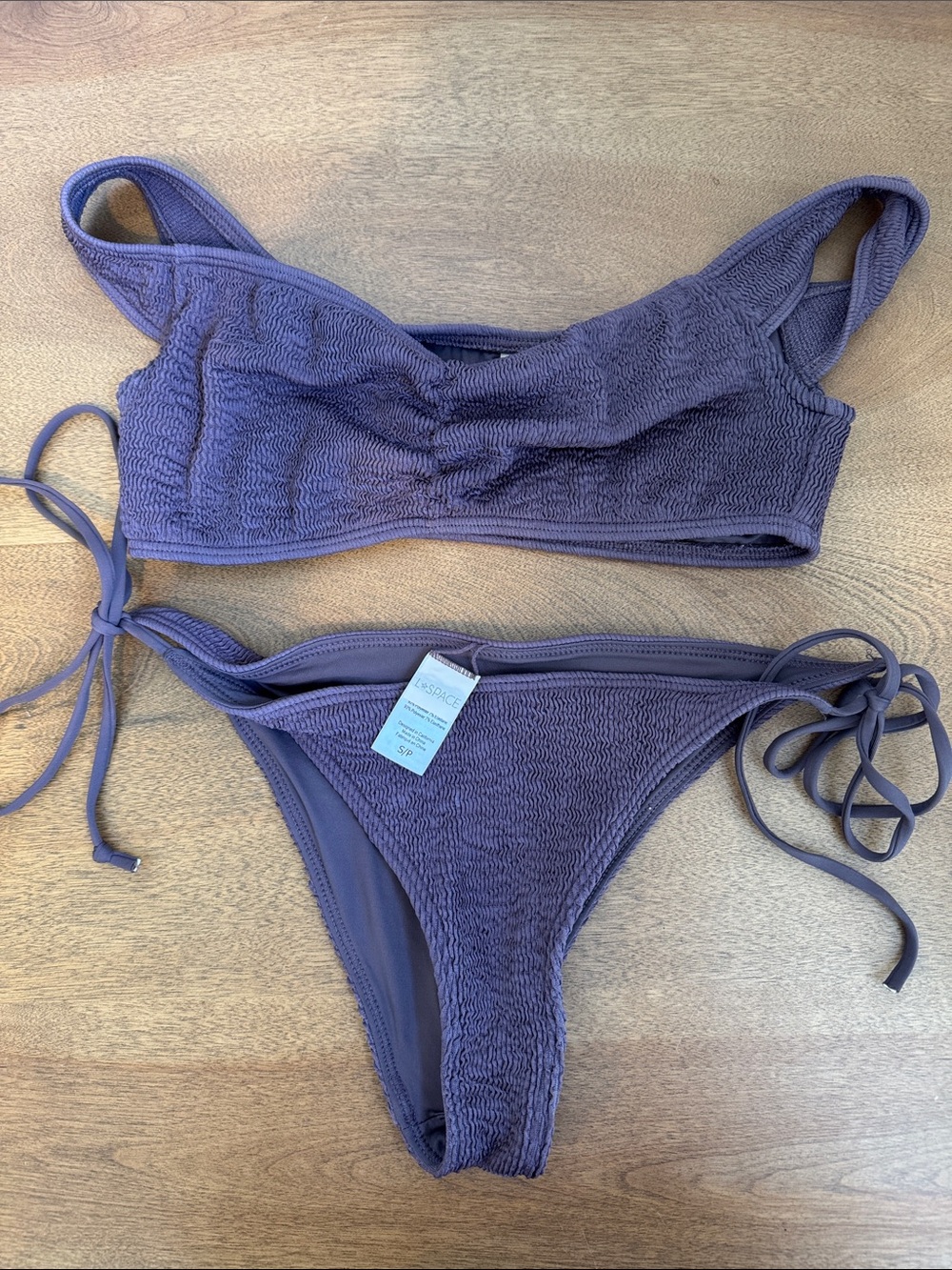l*space Purple Textured Tie-Side Bikini Set Small